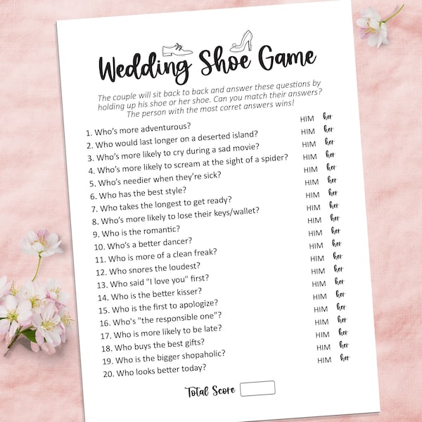 Wedding reception games, Wedding shoe game, Engagement games, Bride and groom game, Cocktail hour games, Couple shower game, Printable games