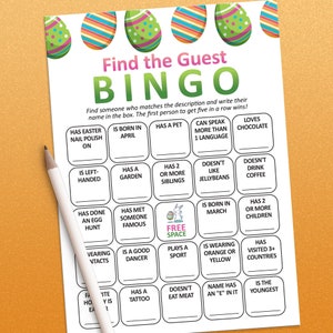 Easter games for adults, Find the guest bingo, Icebreaker games, Adult party games, Find the guest game, Human bingo, Printable games