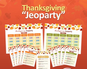 Op de afbeelding: Een printbaar Thanksgiving Jeopardy-spel met meerdere spelborden. De spelborden zijn kleurrijk en hebben een herfstthema met pompoenen, bladeren en eikels. De spelborden zijn gelabeld met categorieën zoals "Pelgrims", "Kalkoenen", "Geschiedenis", "Popcultuur", "Feestdagenfeiten", "Parades", "Staten", "Nummers", "Kalkoenen" en "Over de hele wereld". De spelborden zijn ook gelabeld met puntwaarden zoals 100, 200, 300, 400 en 500. De spelborden zijn ontworpen om te worden afgedrukt en te gebruiken voor een Thanksgiving-quiz.