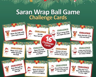 Könnte beinhalten: Ein Set aus 16 Herausforderungskarten für das Frischhaltefolien-Ballspiel mit weihnachtlichen Motiven wie Weihnachtsmann, Rentieren und Schneemännern. Jede Karte enthält eine einzigartige Spielanweisung für die Teilnehmer.
