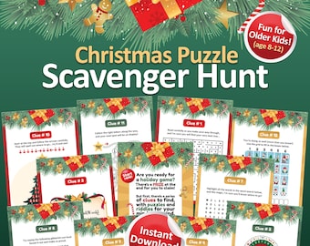 May include: A Christmas scavenger hunt game for older kids, ages 8-12. The game includes a series of puzzles and riddles to solve. The game is designed to be played in a home or classroom setting. The game is available for instant download as a digital file.