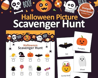 May include: A printable Halloween picture scavenger hunt game with a checklist of 12 Halloween items. The items include a full moon, witch's hat, pumpkin, bat, candy corn, spider, lollipop, ghost, witch's pot, candy, candle, broom, potion, candy basket, and skull.