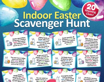 May include: A printable set of 20 Easter scavenger hunt clues with rhyming text. Each clue is on a card with a colorful Easter egg design and a cartoon bunny. The cards are designed to be printed and used for an indoor Easter egg hunt.