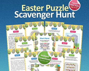 May include: A printable Easter scavenger hunt game for older kids (ages 8-12). The game features 10 clues, each with a different puzzle to solve. The puzzles include a word search, a maze, a riddle, and a code-breaking activity. The game is designed to be played indoors or outdoors.  You solved them all and made it through! Enjoy the fun prize meant just for you!