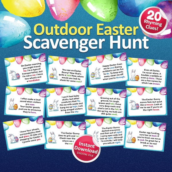 Outdoor Easter scavenger hunt for kids, Easter hunt clues, Printable Easter games, Outdoor treasure hunt, Easter riddles, Easter for kids