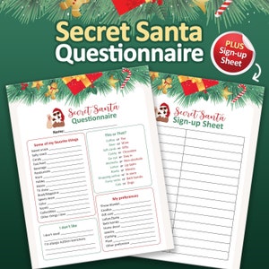 Cuestionario Secret Santa imprimible, Tarjetas Secret Santa, Formulario Secret Santa, Juego de fiesta de Navidad, Lista de deseos imprimible, Juegos de fiesta navideña