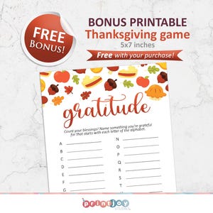 K&ouml;nnte beinhalten: Ein druckbares Thanksgiving-Spiel zum Thema Dankbarkeit. Das Spiel ist 5x7 Zoll gro&szlig; und enth&auml;lt eine Liste von Buchstaben des Alphabets mit Zeilen, um Dinge aufzuschreiben, f&uuml;r die man dankbar ist und die mit jedem Buchstaben beginnen.