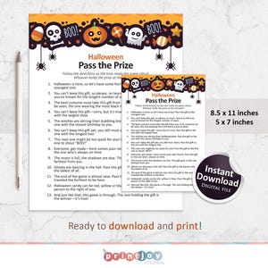 May include: Halloween party game printable instructions with a black and orange background featuring a pumpkin, candy corn, and a ghost. The instructions are titled "Halloween Pass the Prize" and include 13 steps for playing the game.