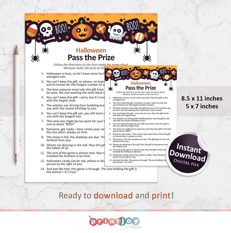 May include: Halloween party game printable instructions with a black and orange background featuring a pumpkin, candy corn, and a ghost. The instructions are titled "Halloween Pass the Prize" and include 13 steps for playing the game.