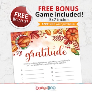 May include: A 5x7 inches gratitude game card featuring a watercolor illustration of a roasted turkey, pumpkin, corn, and autumn leaves. The text reads: gratitude, Count your blessings! Name something you're grateful for that starts with each letter of the alphabet.