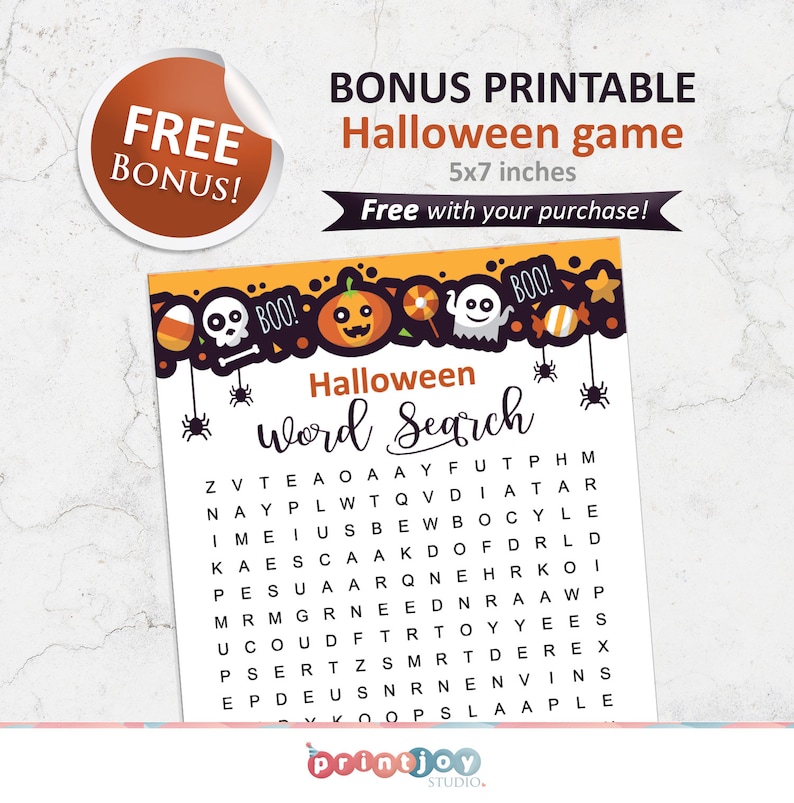 May include: A printable Halloween word search game with a black and orange color scheme. The game is 5x7 inches and features a variety of Halloween-themed words, including "BOO!" and "Halloween".
