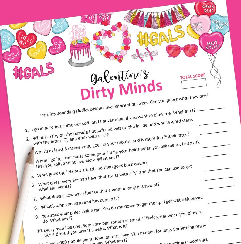 May include: A pink and white printable game card with the title "Galentine's Dirty Minds". The card features a pink and white heart with the text "#GALS" and a pink and white cupcake with the text "Hey Girl". The card includes a list of riddles with a dirty sounding theme.