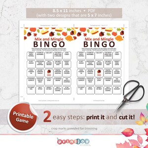 May include: Two printable Thanksgiving bingo cards with a fall theme. The cards are 5 x 7 inches and feature a mix of traditional and modern bingo squares.  The cards are designed to be printed and cut out for a fun Thanksgiving game.