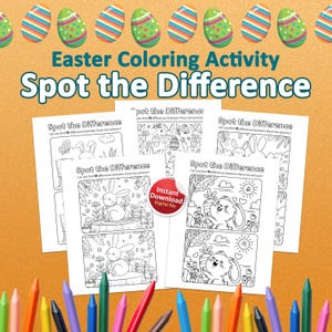 Puede incluir: Una actividad de colorear de Pascua imprimible con cuatro juegos de "Encuentra las diferencias" con conejos, huevos y otras imágenes con temática de Pascua. El texto "Encuentra las diferencias" aparece en la parte superior de cada juego. El texto "Descarga instantánea Archivo digital" aparece en un cuadro rojo en el centro de la imagen.