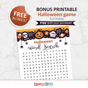 May include: A printable Halloween word search game with a black and orange color scheme. The game is 5x7 inches and features a variety of Halloween-themed words, including "BOO!" and "Halloween".