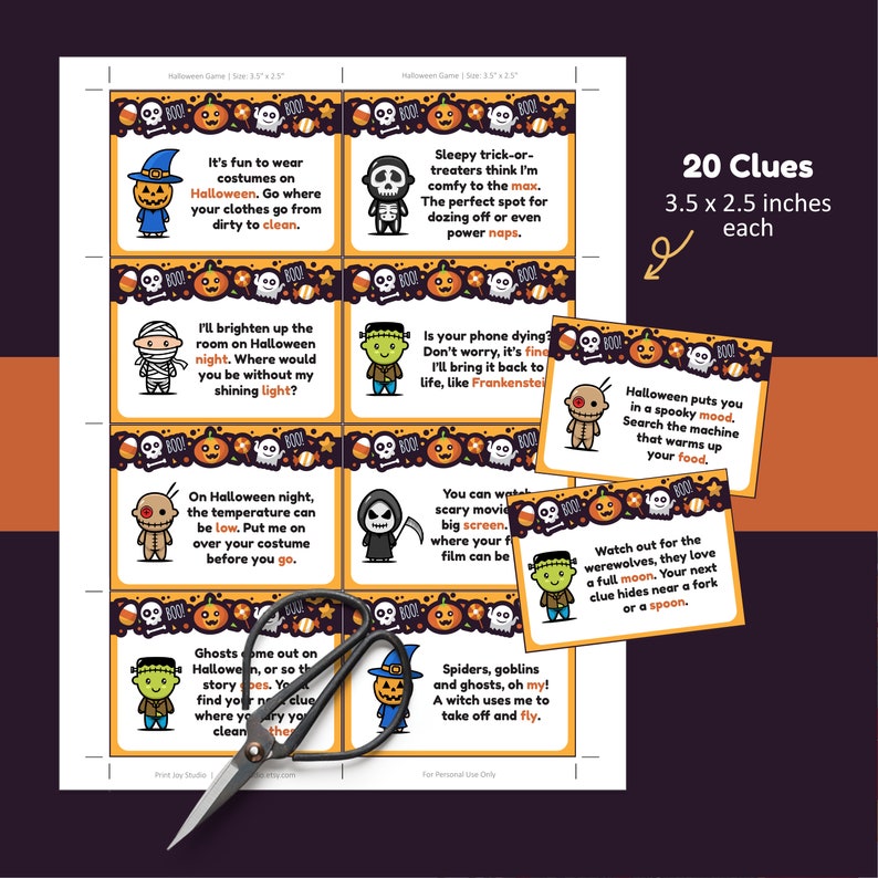 Puede incluir: Veinte tarjetas de pistas con tem&aacute;tica de Halloween con ilustraciones y texto coloridos. Cada tarjeta mide 3,5 pulgadas por 2,5 pulgadas. Las tarjetas presentan personajes como una momia, un fantasma, una bruja y un hombre lobo. El texto en las tarjetas incluye pistas para una b&uacute;squeda del tesoro de Halloween.