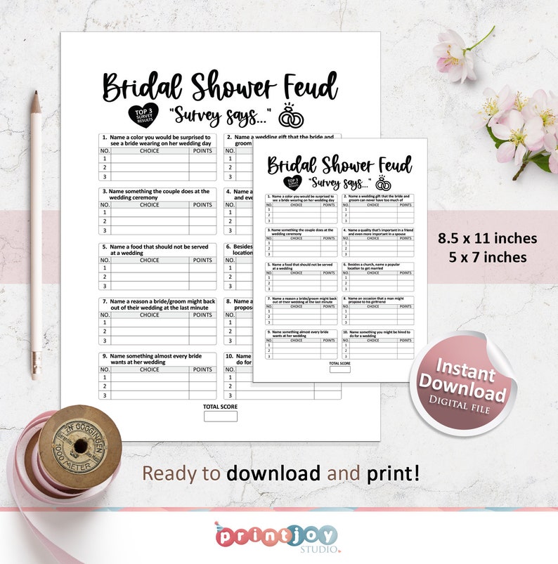 Puede incluir: Dos hojas imprimibles del juego "Bridal Shower Feud". Las hojas son blancas con texto negro, incluyendo preguntas y espacios para respuestas. El juego est&aacute; disponible como descarga digital instant&aacute;nea, con dimensiones de 21,6 x 27,9 cm y 12,7 x 17,8 cm.