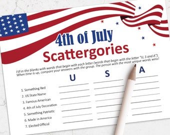 4th of July printable game, printable scattergories game, Fourth of July party ideas, Independence Day party, instant download