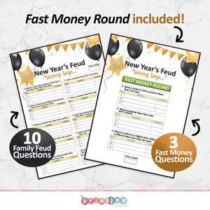 May include: A printable New Year's Eve game with 10 family feud questions and 3 fast money questions. The game features a gold and black colour scheme with a festive New Year's theme.