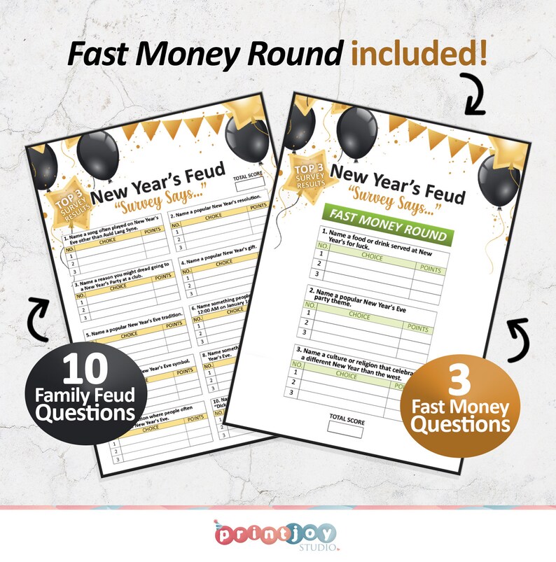 May include: A printable New Year's Eve game with 10 family feud questions and 3 fast money questions. The game features a gold and black colour scheme with a festive New Year's theme.