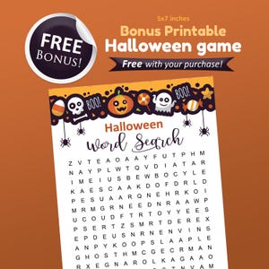 May include: A printable Halloween word search game with a 5x7 inch size. The game features a colorful design with pumpkins, ghosts, candy corn, and stars. The words to find are listed in the word search puzzle.