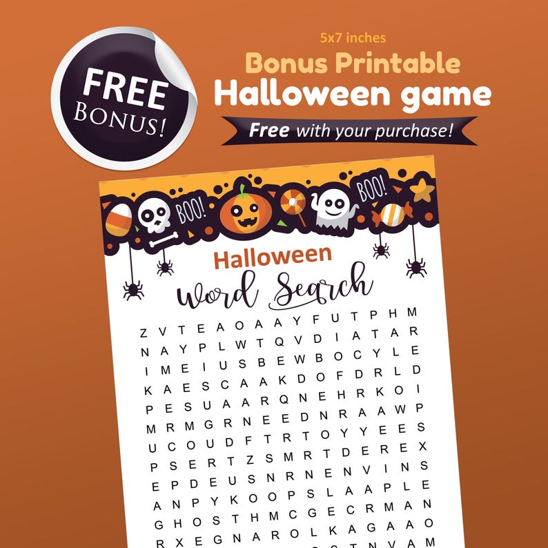 May include: A printable Halloween word search game with a 5x7 inch size. The game features a colorful design with pumpkins, ghosts, candy corn, and stars. The words to find are listed in the word search puzzle.