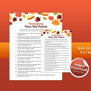 May include: Two white sheets of paper featuring a Thanksgiving Pass the Poem game with autumn-themed illustrations of acorns, leaves, and pumpkins at the top. The text includes instructions and thirteen rhyming lines. Dimensions are 8.5 x 11 inches and 5 x 7 inches.