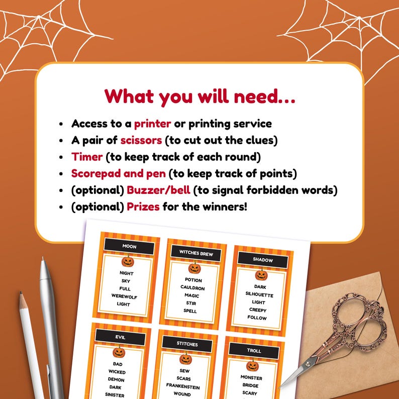 May include: A printable Halloween game with orange and black striped cards. The cards have different categories like "Moon", "Witches Brew", and "Shadow". Each card has a list of words related to the category. The game includes instructions for playing.