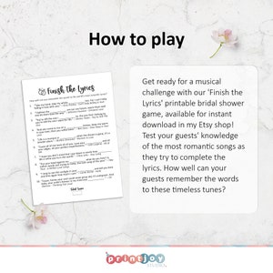 May include: A printable bridal shower game with the title "Finish the Lyrics". The game features a list of popular love songs with missing lyrics for guests to fill in. The game is available for instant download from the Etsy shop.
