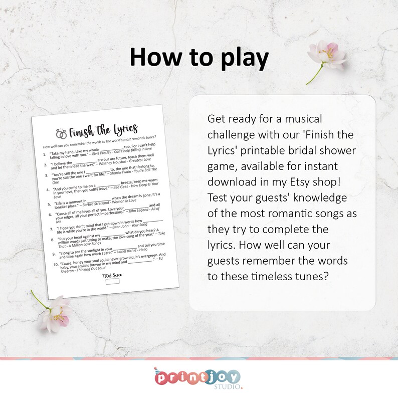 May include: A printable bridal shower game with the title "Finish the Lyrics". The game features a list of popular love songs with missing lyrics for guests to fill in. The game is available for instant download from the Etsy shop.
