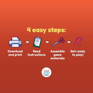 May include: An orange graphic with the text 4 easy steps: followed by four icons representing the process: a printer, a clipboard, scissors, and a running figure. Below each icon are the labels Download and print, Read Instructions, Assemble game materials, and Get ready to play!. A circular Print Joy logo is at the bottom.