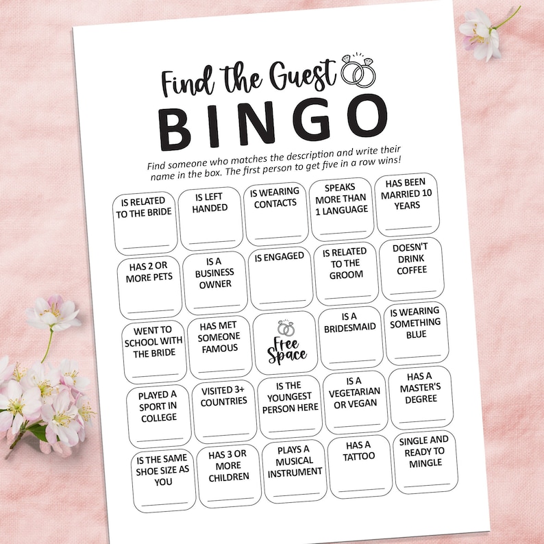 Gästebingo, Spiele für den Junggesellinnenabschied, Hochzeitsgästebingo, Kennenlern-Bingo, Hochzeitsbingo, Menschenbingo, Eisbrecherspiele Bild 1