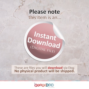 Puede incluir: Anuncio de descarga digital con el texto "Descarga instant&aacute;nea (ARCHIVO DIGITAL)" en una pegatina rosa. El texto "Tenga en cuenta que este art&iacute;culo es un..." est&aacute; encima de la pegatina. El texto "Estos son archivos que descargar&aacute; a trav&eacute;s de Etsy. No se enviar&aacute; ning&uacute;n producto f&iacute;sico." est&aacute; debajo.