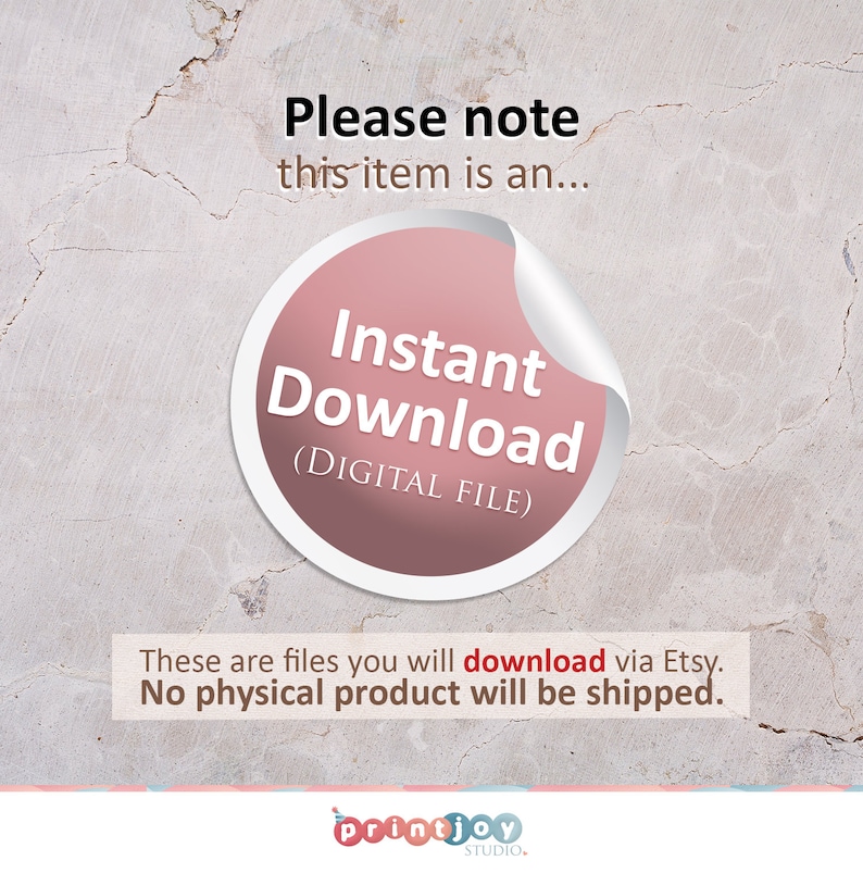 Puede incluir: Anuncio de descarga digital con el texto "Descarga instant&aacute;nea (ARCHIVO DIGITAL)" en una pegatina rosa. El texto "Tenga en cuenta que este art&iacute;culo es un..." est&aacute; encima de la pegatina. El texto "Estos son archivos que descargar&aacute; a trav&eacute;s de Etsy. No se enviar&aacute; ning&uacute;n producto f&iacute;sico." est&aacute; debajo.