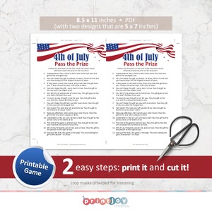 May include: Printable game for a 4th of July party. The game is called "Pass the Prize" and includes instructions for playing the game. The game is printed on a white background with red, white, and blue accents.