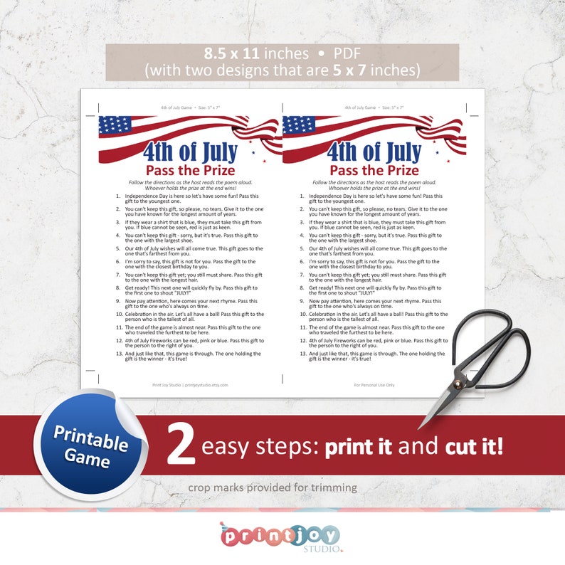 May include: Printable game for a 4th of July party. The game is called "Pass the Prize" and includes instructions for playing the game. The game is printed on a white background with red, white, and blue accents.