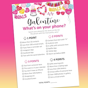 Galentines party games, What's on your phone game, Galentine's games, What's in your phone, Galentine's day party, Phone scavenger hunt