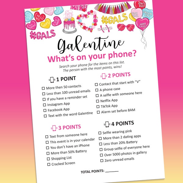 Galentines party games, What's on your phone game, Galentine's games, What's in your phone, Galentine's day party, Phone scavenger hunt