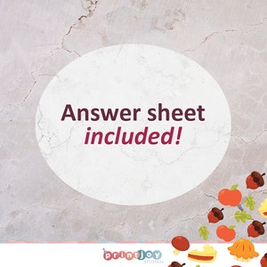 May include: A light gray textured background featuring a central white oval with the dark purple text Answer sheet included! The bottom right corner displays colorful illustrations of acorns, leaves, mushrooms, and a slice of pumpkin pie.