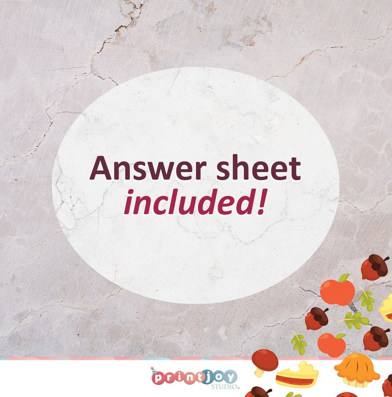 May include: A light gray textured background featuring a central white oval with the dark purple text Answer sheet included! The bottom right corner displays colorful illustrations of acorns, leaves, mushrooms, and a slice of pumpkin pie.