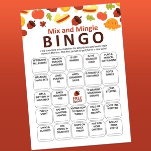May include: A white Mix and Mingle BINGO game card featuring a fall-themed border with illustrations of apples, acorns, and pies. The grid contains twenty-five squares with text prompts for social interaction, including a central acorn Free Space.