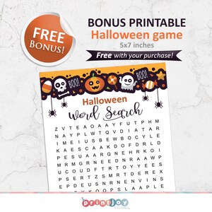 Op de afbeelding: Een printbaar Halloween-woordzoekspel met een zwarte en oranje rand. Het spel bevat verschillende Halloween-pictogrammen, waaronder een spook, een pompoen, ma&iuml;s en een schedel. Het woordzoekrooster is gevuld met letters, en de woorden die je moet vinden staan onder het rooster. Het spel is 5x7 inch.