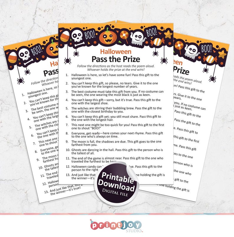 May include: Printable Halloween game instructions with a black and orange color scheme. The instructions are for a "Pass the Prize" game where guests pass a gift around the circle following the rules listed. The game is designed for a Halloween party.