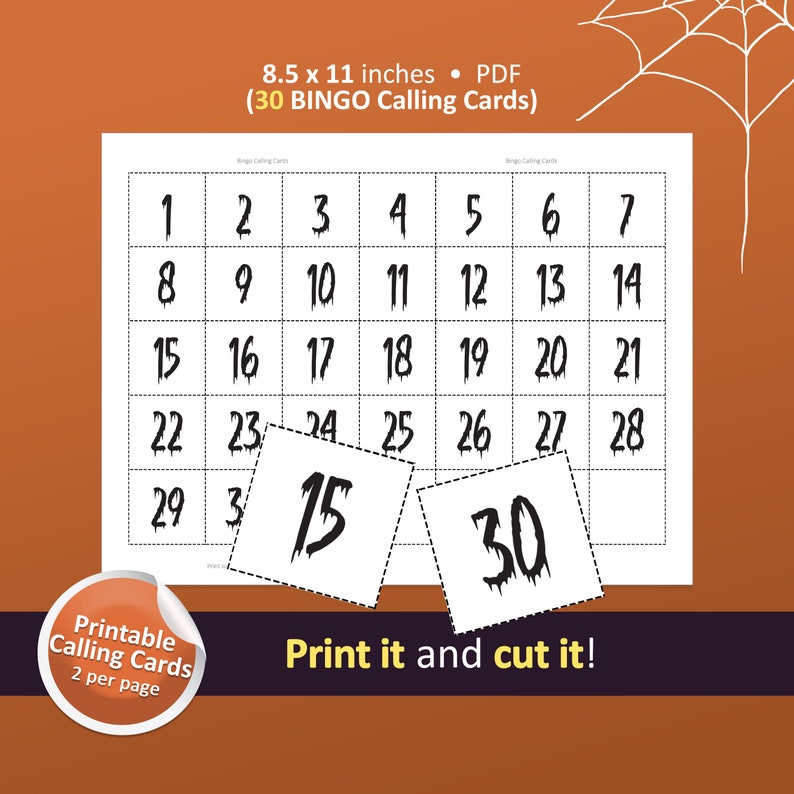 Peut inclure: Une feuille imprimable de 30 cartes d'appel de bingo d'Halloween. Les cartes mesurent 21,6 cm sur 27,9 cm et sont con&ccedil;ues pour &ecirc;tre imprim&eacute;es et d&eacute;coup&eacute;es. Les cartes pr&eacute;sentent les num&eacute;ros de 1 &agrave; 30 dans une police noire qui coule.
