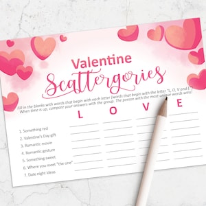 Valentine Scattergories, Valentine party game, Valentine printable games, Galentine&#39;s Day, Instant download