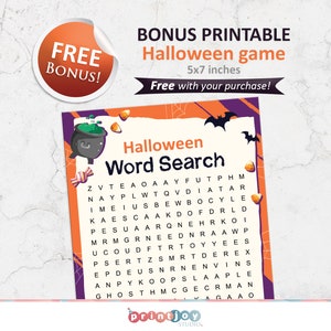 May include: A printable Halloween word search game with a black cauldron and bats on an orange and purple background. The game is 5x7 inches and includes the words: "ghost", "witch", "vampire", "zombie", "skeleton", "spider", "bat", "candy", "treat", "pumpkin", "monster", "goblin", "ghost", "skull", "grave", "cobweb", "boo", "halloween".