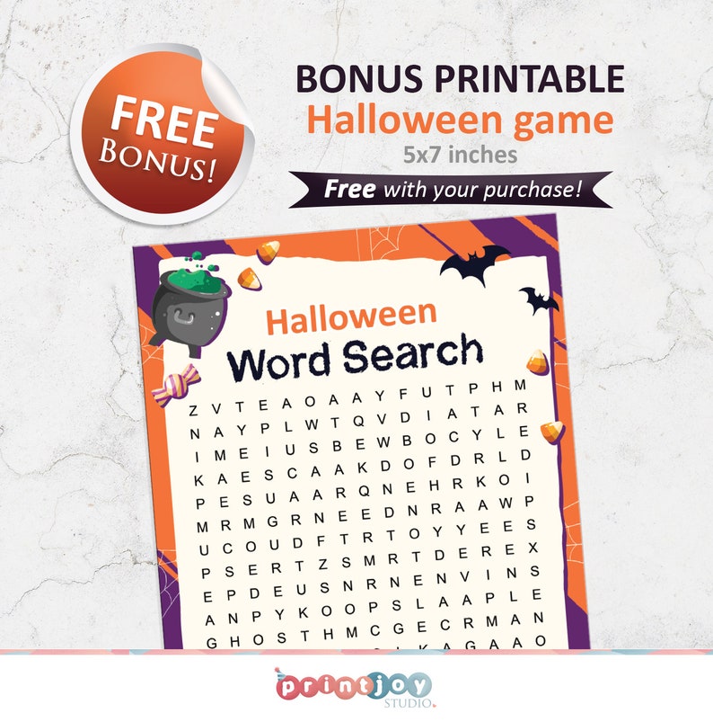 May include: A printable Halloween word search game with a black cauldron and bats on an orange and purple background. The game is 5x7 inches and includes the words: "ghost", "witch", "vampire", "zombie", "skeleton", "spider", "bat", "candy", "treat", "pumpkin", "monster", "goblin", "ghost", "skull", "grave", "cobweb", "boo", "halloween".