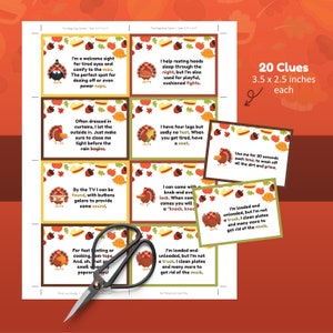 May include: Twenty Thanksgiving-themed game cards with a turkey illustration on each card. The cards are 3.5 inches by 2.5 inches and feature clues for a game. The cards are printed on white cardstock with a brown border.