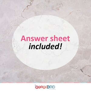 May include: A white circle with a pink text overlay on a cracked gray background. The text reads "Answer sheet included!"