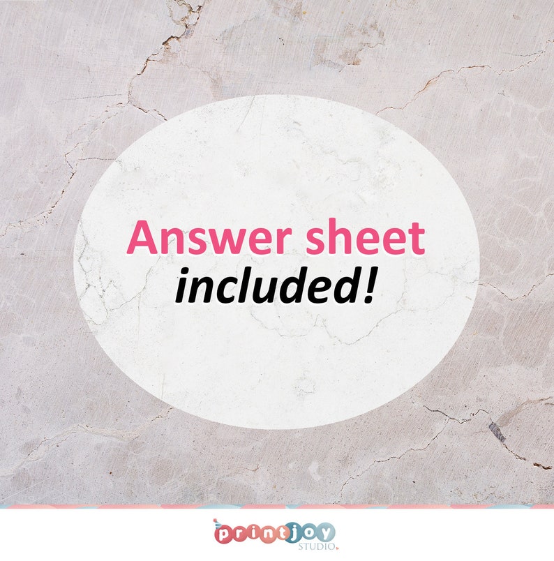 May include: A white circle with a pink text overlay on a cracked gray background. The text reads "Answer sheet included!"